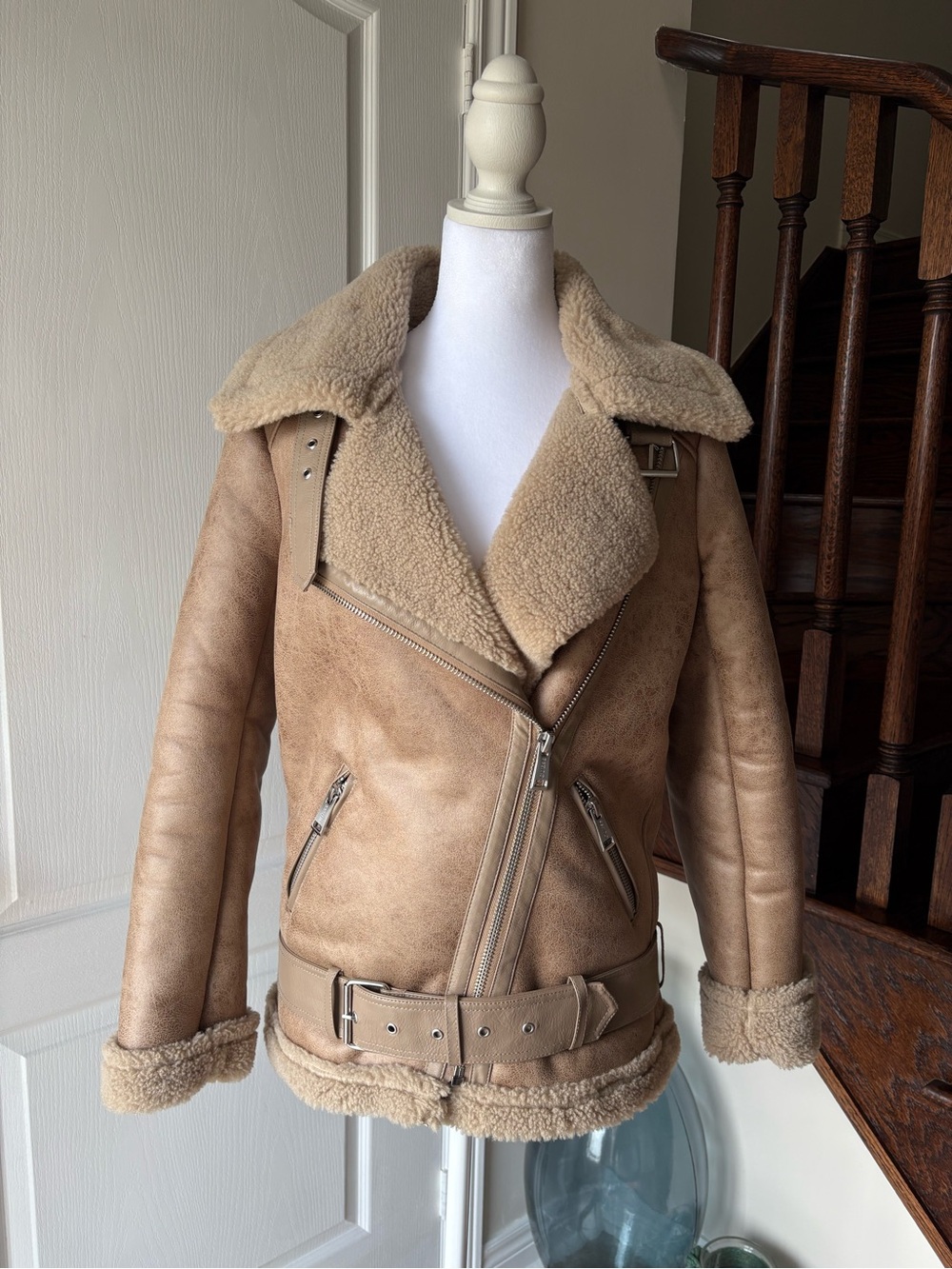 Guess Tan Faux Shearling Biker Coat